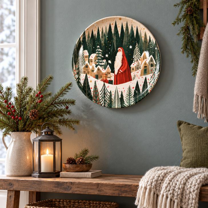 Santa's Snowy Evergreen Village Wall Plate displayed on a wall