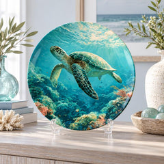 Sea Turtle Coral Reef Sanctuary Wall Plate on a tabletop stand