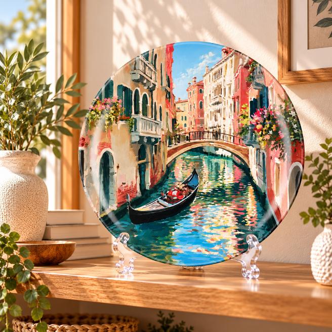 Romantic Venice Gondola Canal Wall Plate on a tabletop stand
