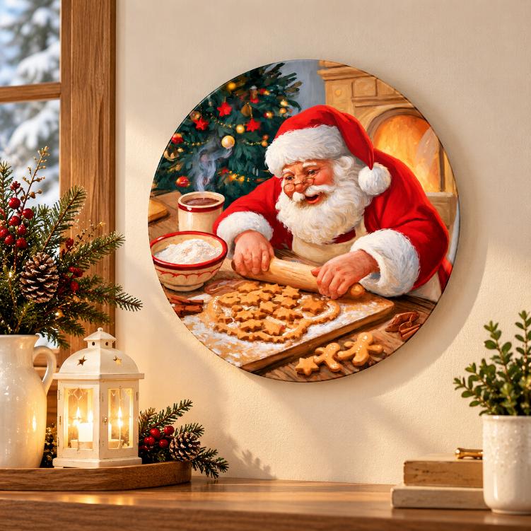 Santa’s Cosy Gingerbread Baking Wall Plate displayed on a wall