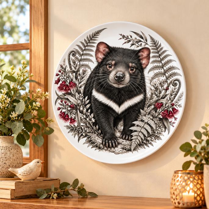 Tasmanian Devil Fern & Bellflower Wall Plate displayed on a wall