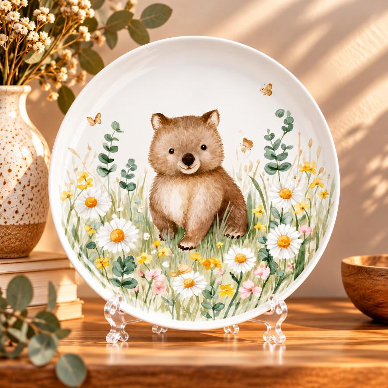 Baby Wombat in Daisy Meadow Wall Plate on a tabletop stand
