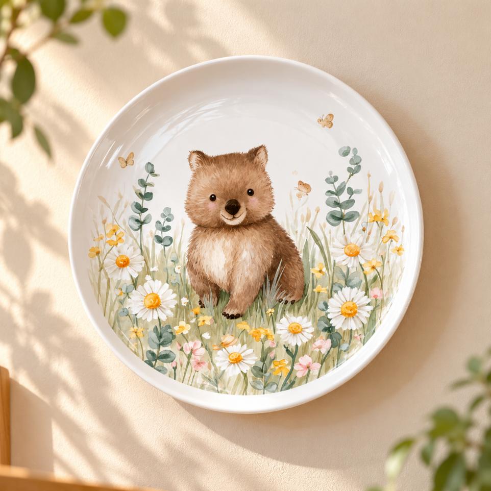 Baby Wombat in Daisy Meadow Wall Plate displayed on a wall