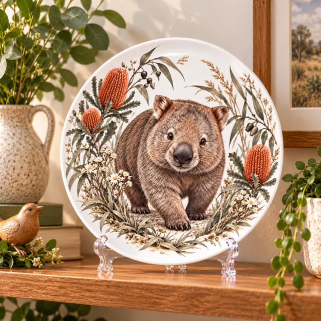 Wombat & Banksia Bushland Wall Plate on a tabletop stand