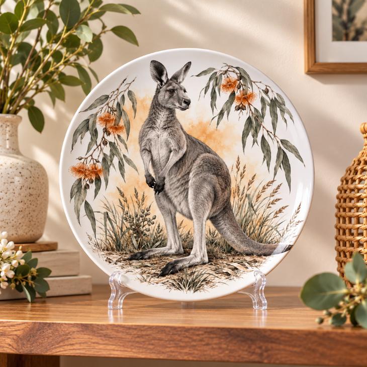 Kangaroo & Eucalyptus Blossom Wall Plate on a tabletop stand