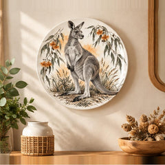 Kangaroo & Eucalyptus Blossom Wall Plate displayed on a wall