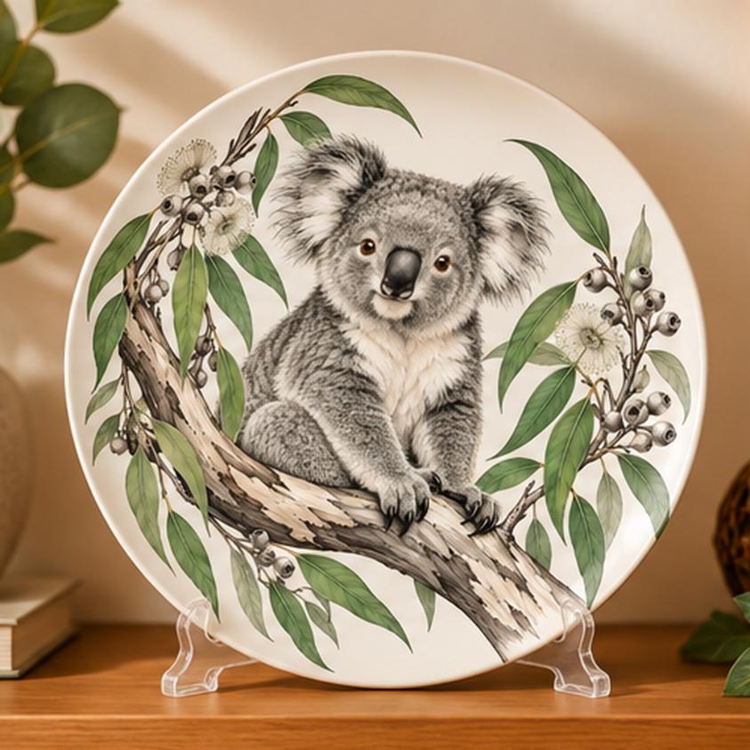 Koala in Eucalyptus Canopy Wall Plate on a tabletop stand