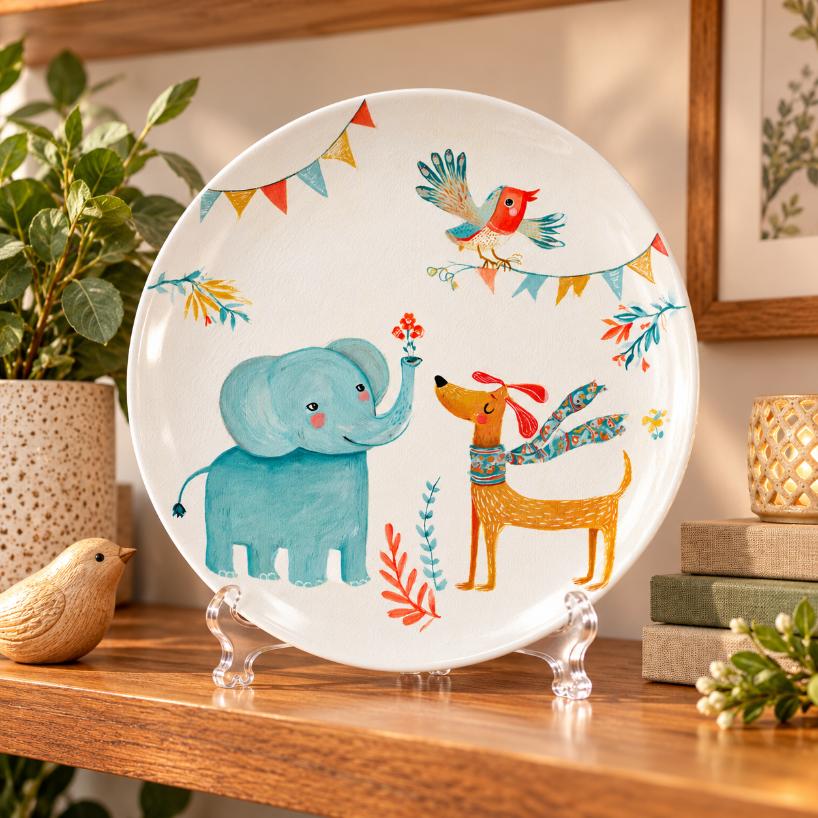 Little Elephant & Friends Wall Plate on a tabletop stand