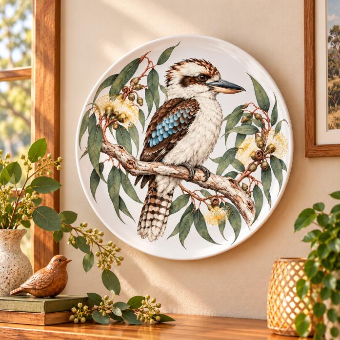 Kookaburra & Gum Blossom Wall Plate displayed on a wall
