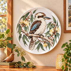 Kookaburra & Gum Blossom Wall Plate displayed on a wall