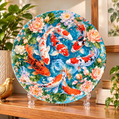 Koi Harmony Lotus Pond Wall Plate on a tabletop stand