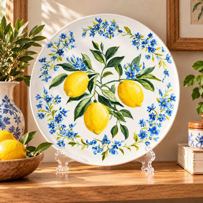 Blue Blossom Lemon Grove Wall Plate on a tabletop stand