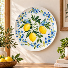 Blue Blossom Lemon Grove Wall Plate displayed on a wall