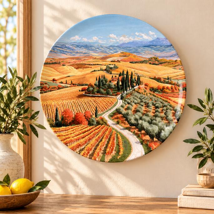 Golden Tuscan Vineyard Wall Plate displayed on a wall