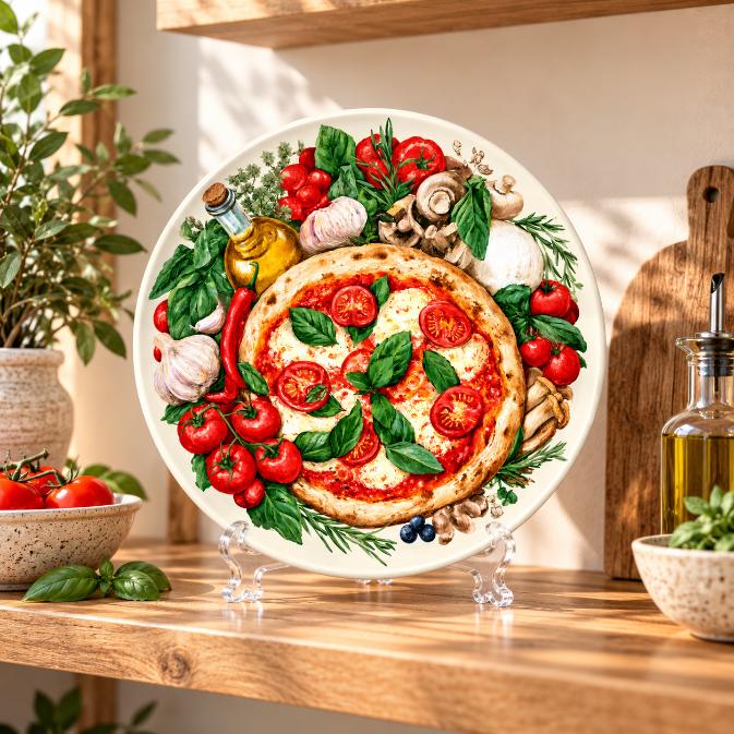 Italian Margherita Pizza Kitchen Wall Plate on a tabletop stand
