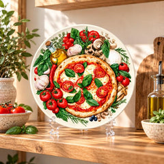 Italian Margherita Pizza Kitchen Wall Plate on a tabletop stand