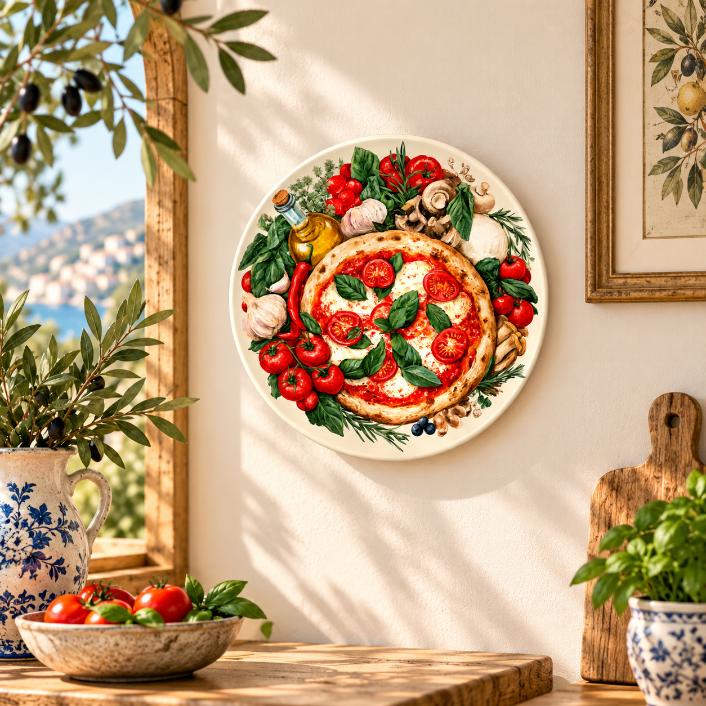 Italian Margherita Pizza Kitchen Wall Plate displayed on a wall