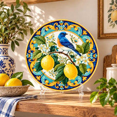 Sicilian Bluebird Lemon Garden Wall Plate on a tabletop stand