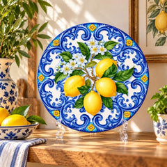 Amalfi Blue Majolica Lemon Wall Plate on a tabletop stand