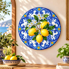 Amalfi Blue Majolica Lemon Wall Plate displayed on a wall