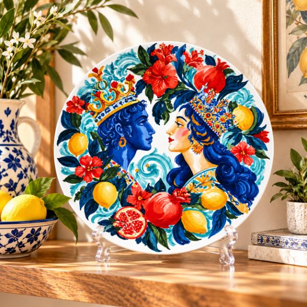 Sicilian Royal Romance Wall Plate on a tabletop stand