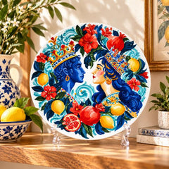 Sicilian Royal Romance Wall Plate on a tabletop stand