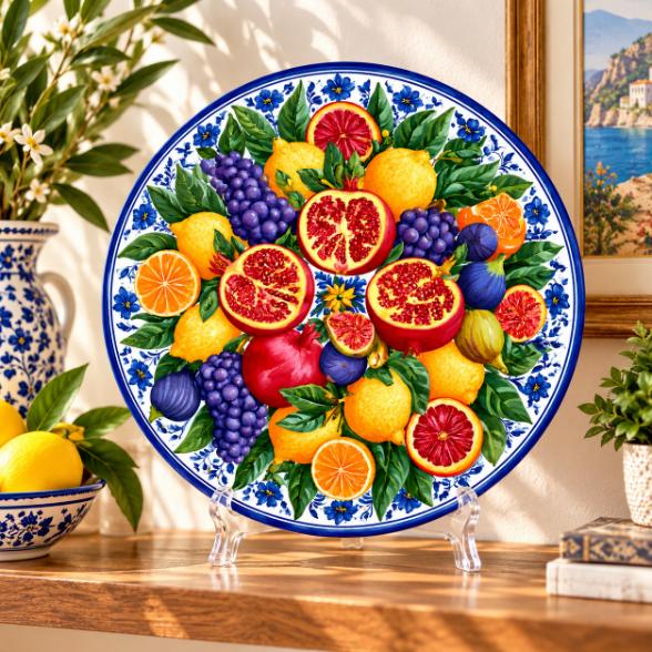 Mediterranean Citrus Harvest Wall Plate on a tabletop stand