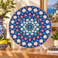 Midnight Blue Floral Mandala Wall Plate on a tabletop stand