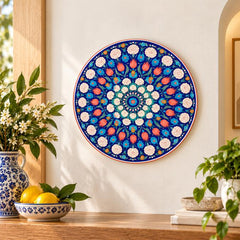 Midnight Blue Floral Mandala Wall Plate displayed on a wall