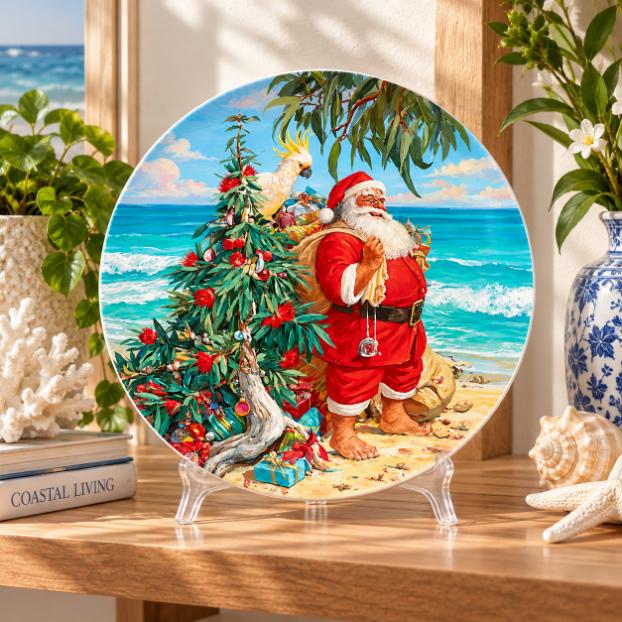 Australian Coastal Christmas Santa Wall Plate on a tabletop stand