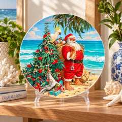 Australian Coastal Christmas Santa Wall Plate on a tabletop stand