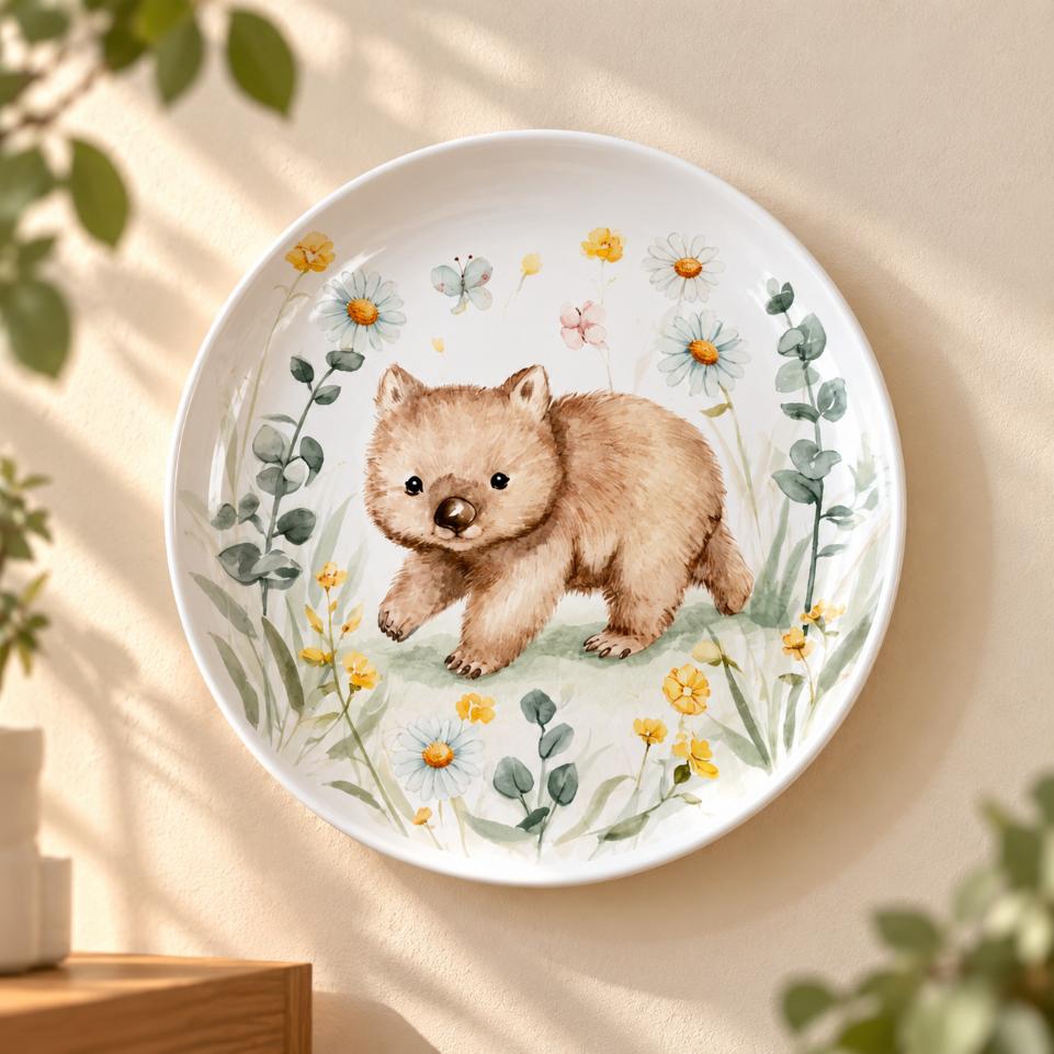 Little Australian Wallaby Meadow Wall Plate displayed on a wall