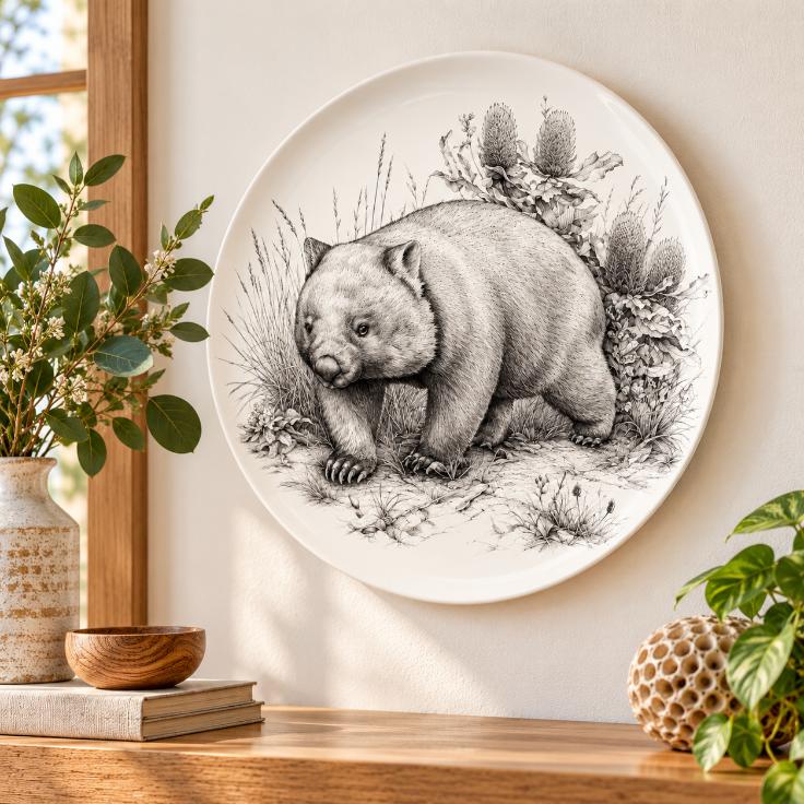 Australian Wombat Banksia Sketch Wall Plate displayed on a wall