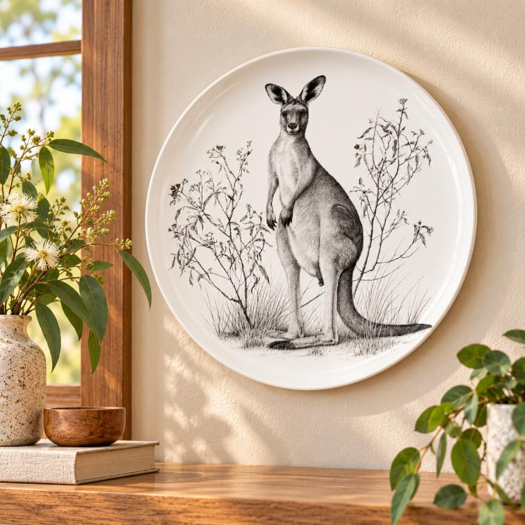 Outback Kangaroo Pencil Sketch Wall Plate displayed on a wall