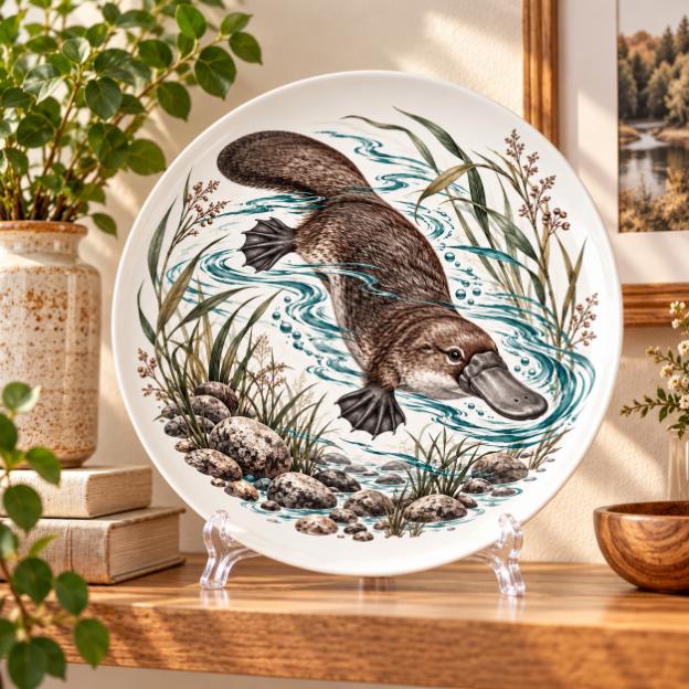 Platypus River Wildlife Sketch Wall Plate on a tabletop stand
