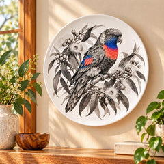 Galah Eucalyptus Blossom Wall Plate displayed on a wall