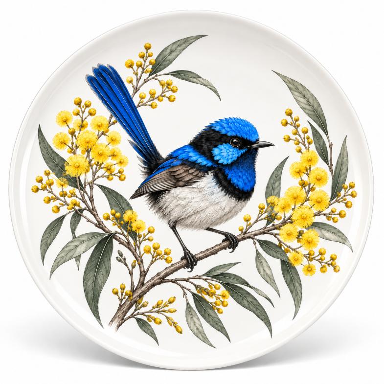 Blue Fairy Wren Golden Wattle Wall Plate