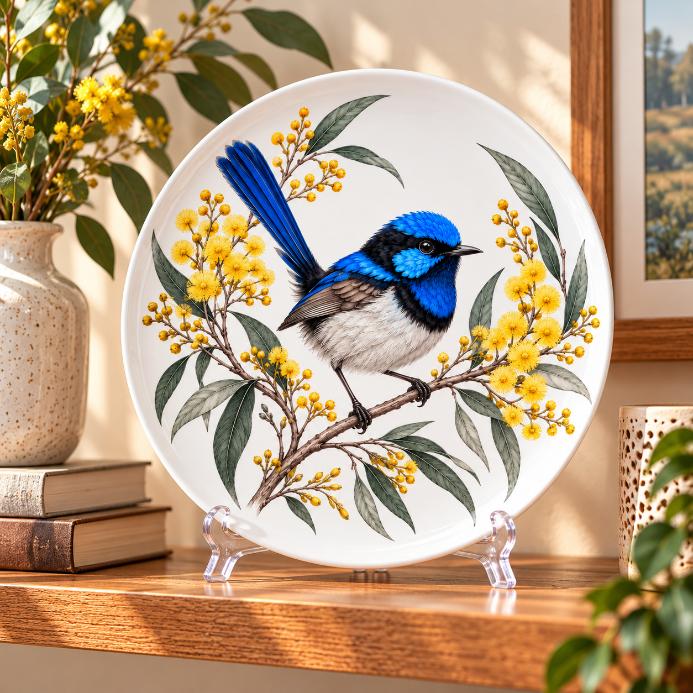Blue Fairy Wren Golden Wattle Wall Plate on a tabletop stand