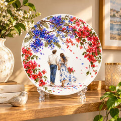 Bougainvillea Love Story Couple Wall Plate on a tabletop stand