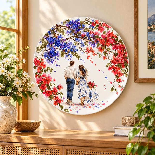 Bougainvillea Love Story Couple Wall Plate displayed on a wall