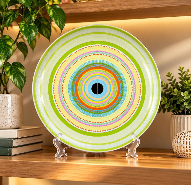Lime Halo Concentric Abstract Ceramic Decorative Wall Plate displayed on a tabletop stand
