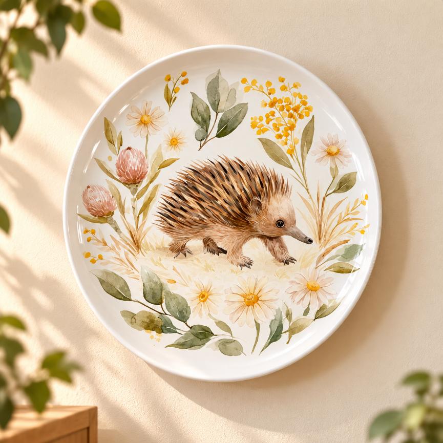 Wombat in Wildflower Meadow Wall Plate displayed on a wall