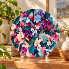 Midnight Bloom Abstract Botanical Wall Plate on a tabletop stand