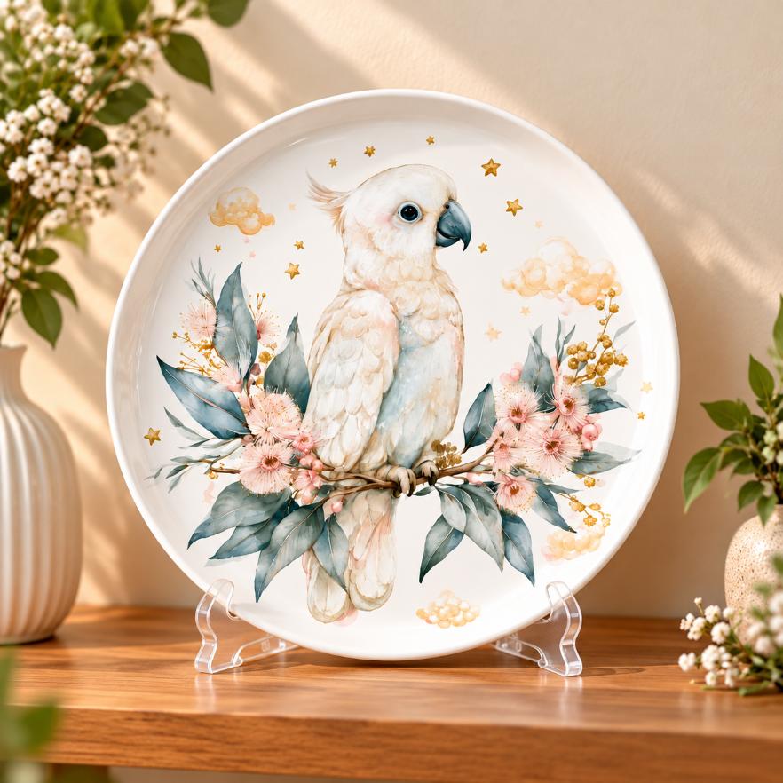 White Cockatoo and Eucalyptus Blossom Wall Plate on a tabletop stand