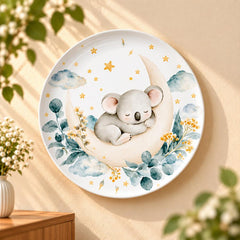 Sleeping Koala on a Crescent Moon Wall Plate displayed on a wall