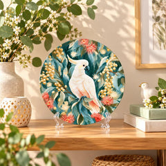 White Cockatoo in Eucalyptus Garden Wall Plate on a tabletop stand