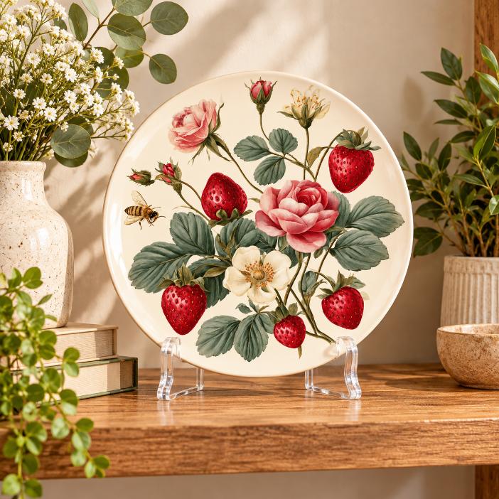 Strawberry and Rose Garden Wall Plate on a tabletop stand
