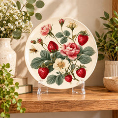 Strawberry and Rose Garden Wall Plate on a tabletop stand