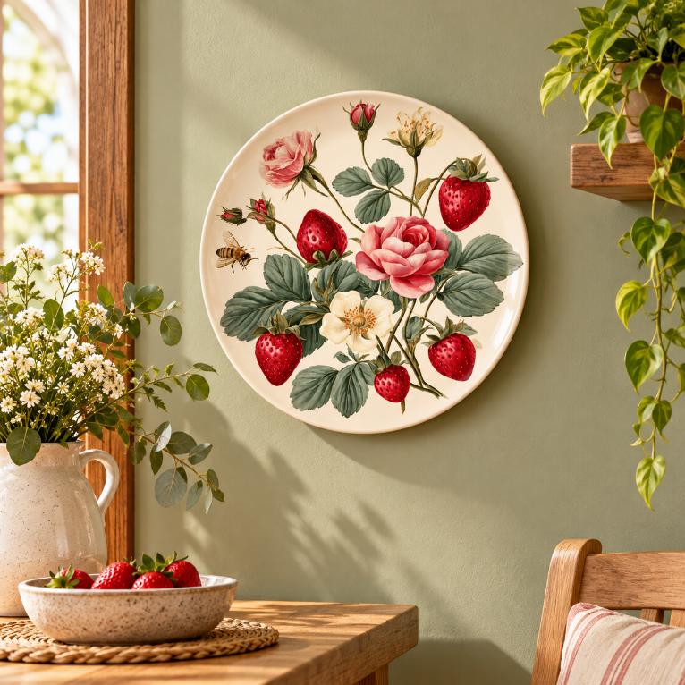 Strawberry and Rose Garden Wall Plate displayed on a wall