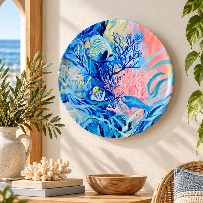 Vibrant Coral Reef Fish Decorative Wall Plate displayed on a wall